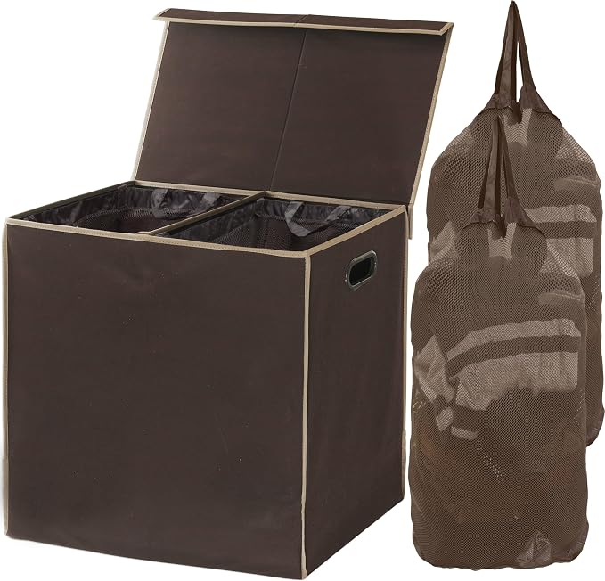 Simple Houseware Double Laundry Hamper with Lid and Removable Laundry Bags, Brown