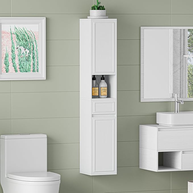 Tall Bathroom Storage Cabinet, Wall Mounted or Floor Mounted,Narrow Slim Wall Cabinet with 2 Door, 1 Drawer, Open Shelf for Living Room, 11.81" D x 11.81" W x 65" H (Embossed White, 1 PCS)