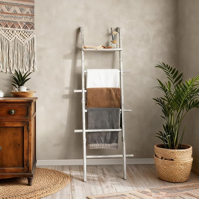 Wash White Wood Blanket Ladder with Top Shelf for the Living Room, 67in Decorative Blanket Holder, 5 Tier with Side Hooks for Hanging, Rustic Farmhouse Towel Throw Ladder Rack for Organize and Display