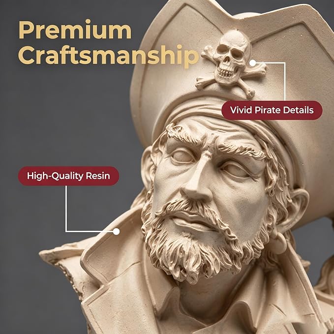 H&W Sandstone Pirate Figurines - Buccaneer Francis Drake Statue Decoration for Home/Study/Living Room, Great Collectible Figurines, Best Gift for The Man, Sandstone Color (HH17-D5)