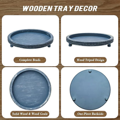 Handmade 12 Inch Decorative Tray, Small Beaded Tray Coffee Table Decor, Blue Decorative Display Risers for Coffee Table, Dining Room Entryway and Living Room