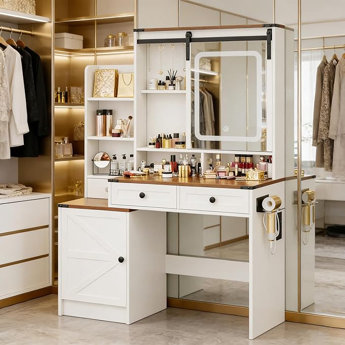 KAMABOKO Vanity Desk with Mirror and Lights, Makeup Vanity Desk with Lights 3 Colors (041 Brown)