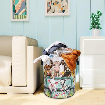 Farm Cow Pigs Laundry Basket Highland Cattle Animals Oxford Cloth Laundry Hamper With Handle Foldable Portable Clothes Storage Basket 18.9 X 16.5 Inch Storage Bag For Laundry Room/Bathroom/Bedroom