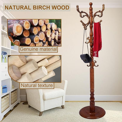 Coat Rack Freestanding with 18 Hooks, Wooden Standing Coat Racks for Entryway, Solid Wood Clothes Hanger Rack with Sturdy Round Base for Entryway, Hall, Bedroom, Office, Hallway (Caramel color)