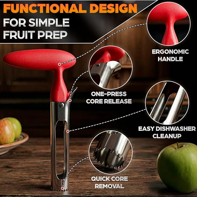Apple Corer Tool – Stainless Steel Apple Core Remover with Durable Plastic Handle – Comfortable Grip, Easy to Use, Dishwasher Safe & Long-Lasting | Works for Apples, Pears, Tomatoes, Peppers & More