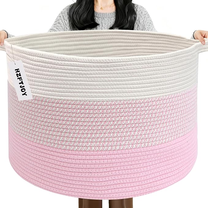 90L Extra Large Blanket Basket,Woven Rope Laundry Basket Hamper with Handles, Decorative Nursery Basket Storage Bin for Toys, Clothes Organizer, Living Room, Bedroom, Bathroom, Pink