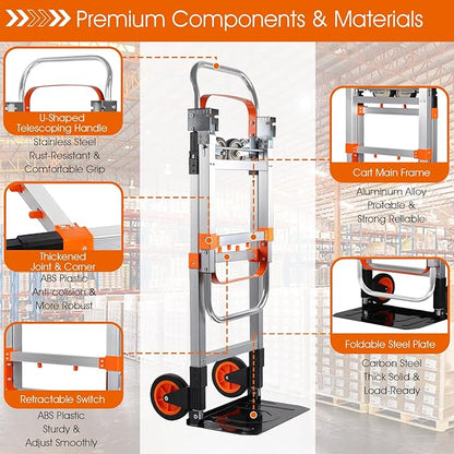 Zolpoyia 3 in 1 Folding Hand Truck Dolly Cart with Wheels, 660lbs Capacity Foldable Utility Cart Aluminum Trolley Cart Convertible Dolly for Moving Furniture Shopping for Garden Home Office Warehouse