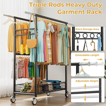 Heavy Duty Clothes Rack Load 960LBS, Three Rods Rolling Clothing Racks for Hanging Clothes, Rolling Garment Rack With Sturdy Wheels Shelves Hooks, Portable & Adjustable Commercial Garment Rack, Black