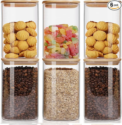 50oz Glass Food Storage Jars Set of 6,Glass Storage Containers Clear Glass Food Canister with Bamboo Lid Airtight For Serving Tea, Coffee, Flour, Sugar, Candy, Cookie, Spice and More (Square)