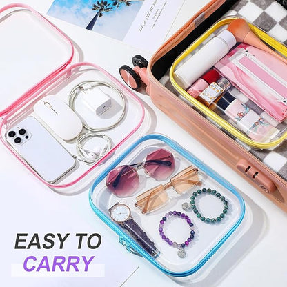 Sanwuta 6 Pcs Clear Hard Zipper Case Plastic Zipper Pouches Transparent Makeup Bag Pencil Case Pouches Toiletry Diaper Bag for Travel Toy Storage Organizer Bins(Colorful,9.84 x 7.87 x 2 Inch)