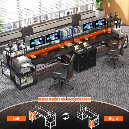 71" L Shaped Gaming Desk with 3 Drawers & Hutch,Computer Desk with Monitor Stand & Power Outlet,Home Office Desk Reversible Black Desk with LED Light,Printer Shelf for Home Office,Black Carbon Fiber