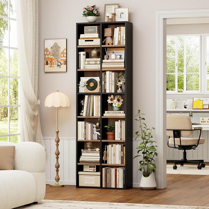 FOTOSOK 71'' Tall Bookshelf with 14 Cubes, 7 Tier Double Wide Wood Bookshelf with 6 Adjustable Shelves, 19.6" Narrow Bookcase DVD/CD Media Storage, Space Saving Display Shelf Cabinet, Black/Brown