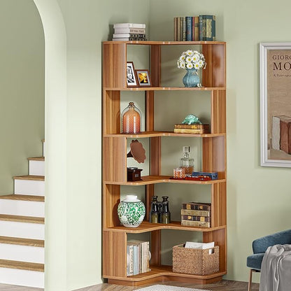Tribesigns 6 Tier Corner Bookshelf, 64.9 Inches Tall Industrial L Shaped Bookcase with Anti-Drop Panel, Freestanding Wood Grain Shelf Display Rack Storage Organizer for Home Office