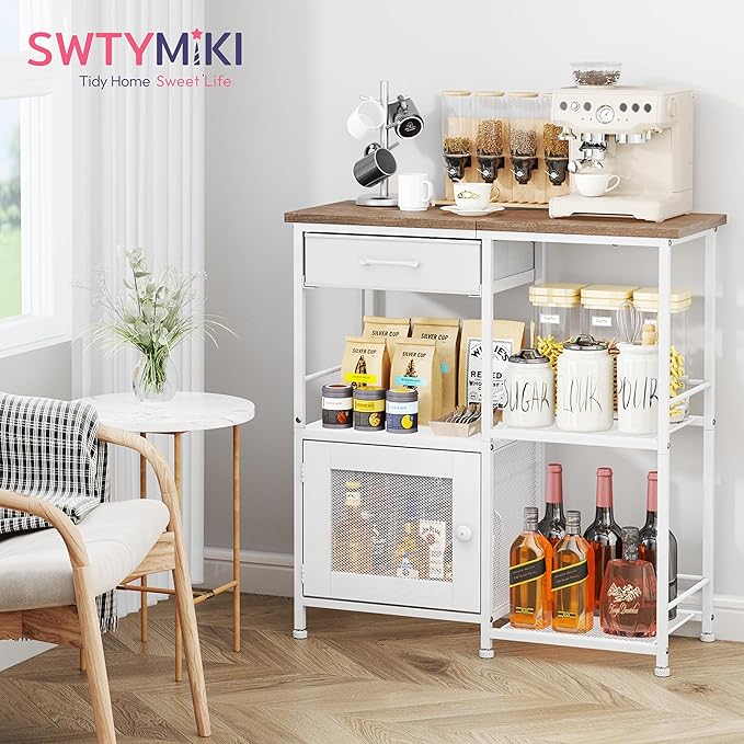 SWTYMIKI Coffee Bar Cabinet for Home - Farmhouse Coffee Stand Station Multi-Purpose Buffet Sideboard Cabinet with Drawers - Kitchen Bar Table for Living Room, Corner, Small Space, Oak