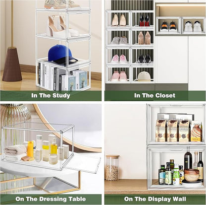 2 Pack Drop Front Acrylic Shoe Boxes with Magnetic Door Fit US Size 12, Clear Stackable Shoe Organizer for Closet, Entryway, Underbed, Multiple Display Cases for Hats, Figures, Sneakers