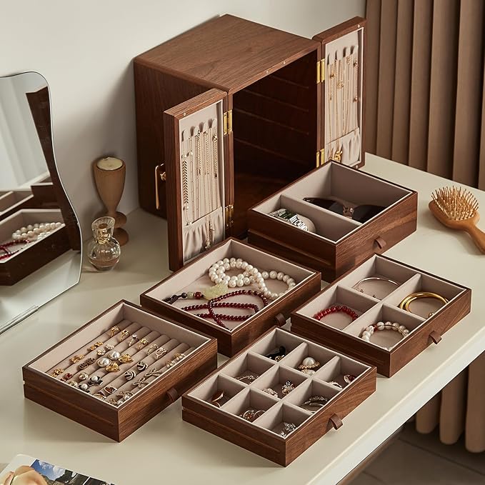 Wooden Jewelry Box 5 Layer Black Walnut Large Jewelry Organizer with Brass Handle for Necklaces Rings Earrings Watches Storage, Christmas Gifts(7.9x8.7x10.0inches)
