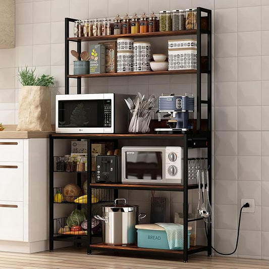 Chnnmbrn Bakers Rack with Baskets and Power Outlet, 5-Tier Kitchen Utility Storage Shelf with Hooks, Microwave Oven Stand Rack, Vintage Brown Free Standing Kitchen Shelf