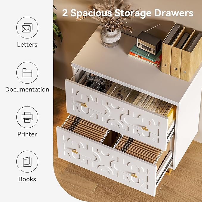 LITTLE TREE 2-Drawer File Cabinet, Under Desk Office Storage Cabinet for Letter Size File Folders with Tabs, Printer Stand, Fitting A4, Modern Home Office Organizer, White
