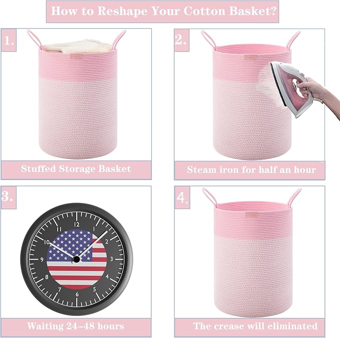 80L Extra Large Pink Hamper Tall Laundry Basket for Girls Kids Nursery Hamper for Baby Woven Cotton Rope Laundry Basket for Little Girls Room Bedroom 16x22 Inches