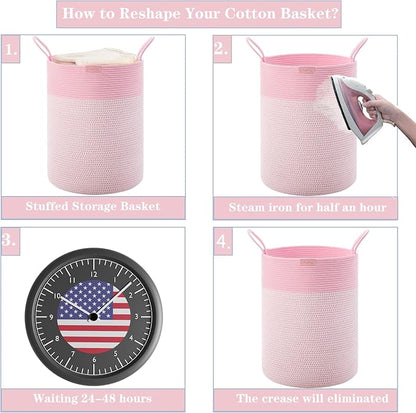 80L Extra Large Pink Hamper Tall Laundry Basket for Girls Kids Nursery Hamper for Baby Woven Cotton Rope Laundry Basket for Little Girls Room Bedroom 16x22 Inches