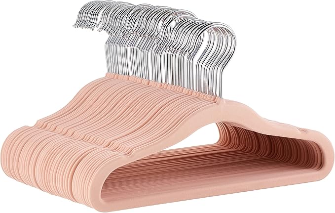 Amazon Basics Kids Velvet, Non-Slip Clothes Hangers for Infant and Toddler, 11.6 in (for baby clothes), Pack of 50, Blush