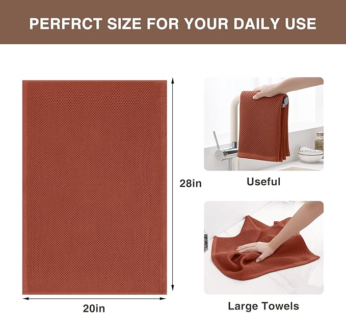 Homaxy 100% Cotton Oversized Waffle Weave Kitchen Dish Towels, Ultra Soft Absorbent Quick Drying Cleaning Towel, 20x28 Inches, 8-Pack, Rust