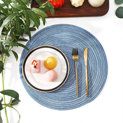 SHACOS Round Braided Placemats Set of 12 Circle Place Mats Cotton Polyester Kitchen Table Mats for Dining Table Wedding Party Decor (Blue Gray, 12)