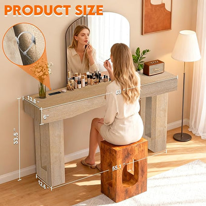 63 Inch Long Entryway Table Hollow, Wooden Console Table with Socket Farmhouse Sofa Table for Entrance, Hallway, Living Room,Behind Couch(Oak Brown)
