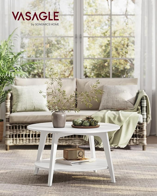 VASAGLE MAEZO Collection - Round Coffee Table, 2-Tier Center Table with Storage, Tapered Legs, Curved Transitions, 31.5 Dia. x 17.7 H Inches, Easy Assembly, for Living Room, Snow White ULCT243W14