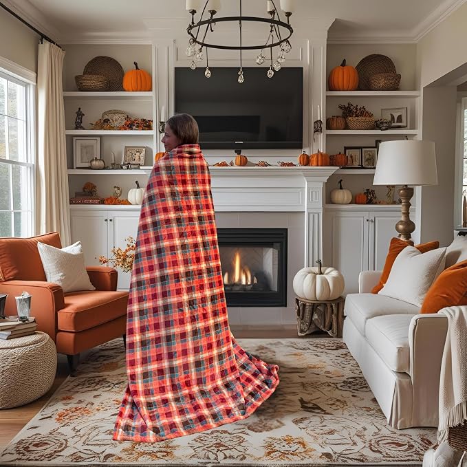 Winter Plaid Fleece Throw Blanket: Soft Plush Flannel Accent for Bed or Couch Orange, Teal Burgundy 50 x 70 inches