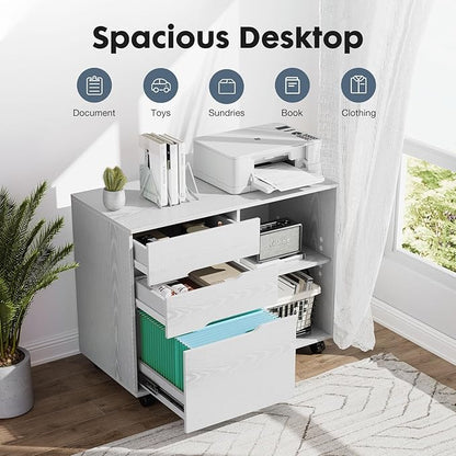 DUMOS Rolling File Cabinet with 3 Drawers, Wood Under Desk Printer Stand with Wheels and Adjustable Shelves, Lateral Filing Cabinet for Home Office, Small Space Storage Organizer, White