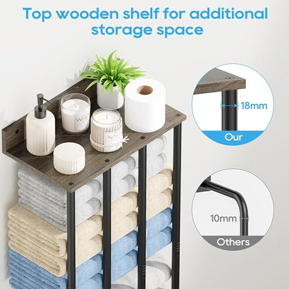 Towel Racks for Bathroom Wall Mounted, Updated 4 Bar Wall Towel Holder | Large Bathroom Towel Storage Rack for Rolled Towels, Modern Metal Towel Organizer Shelf with Wooden Storage Shelf