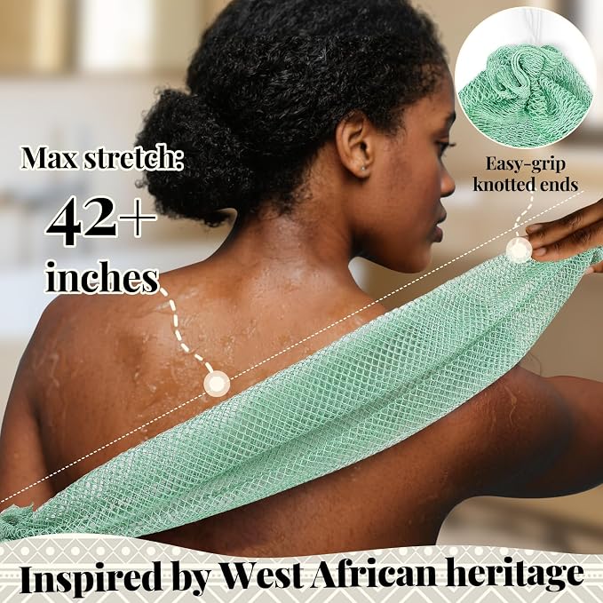 African Net Sponge Authentic-4 Packs African Exfoliating Net Sponge,Bath Sponges for Shower,42 inch Long for Normal to Sensitive Skin, Body Exfoliator Shower(Lightpurple,Purple,Mint Green,Dark Green)