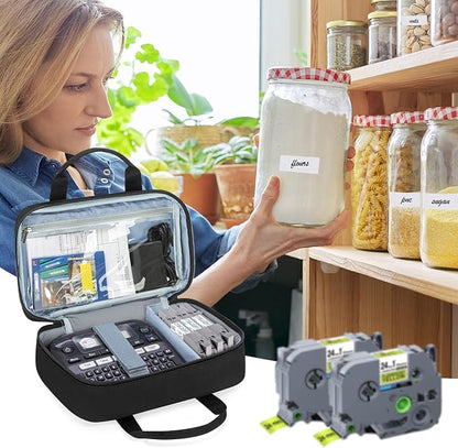 CURMIO Carrying Case Compatible with Brother P-Touch PT-D220/PT-D210 Label Maker, Portable Storage Holder Organizer Bag for Label Printer Machine, Label Tape, AC Adapter, Battery, USB Cable, Bag Only