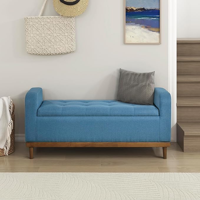 Lexicon Armed Fabric Storage Bench, Button-Tufted Storage Ottoman Bench, Lift-top Bench with Solid Wood Frame and Legs for Hallway, Bedroom End of Bed, Entryway, Living Room, Blue