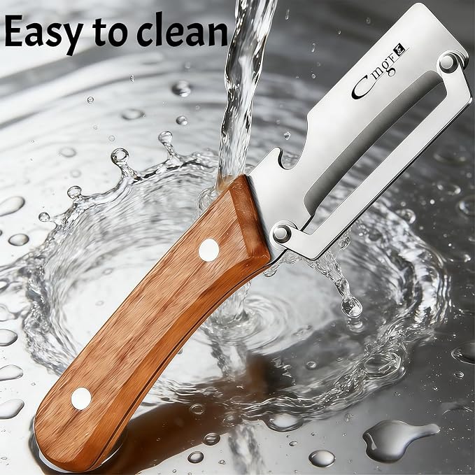 TEEVEA Vegetable Peeler, Stainless Steel Wooden Handle for Potato, Apple | Multifunctional, Ultra Sharp Zero-Snag Blade, Heavy Duty, Bottle Opener, Right-Hand Grip, Premium Fruit Veggie Kitchen Tool