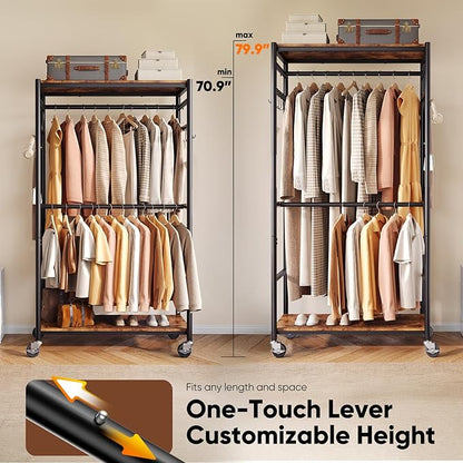 HOKEEPER Heavy Duty Rolling Garment Rack, Wood & Metal Clothing Rack with Shelves, Adjustable Height Freestanding Wardrobe for Bedroom, Freestanding Closet Organizer, Max Load 450 LBS