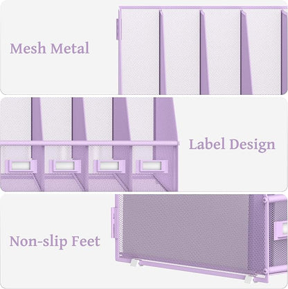 SUPEASY Desk Organizers Metal Desk Magazine File Holder with 5 Vertical Compartments Rack File Organizer for Office Desktop, Classroom, Home Workspace, Purple
