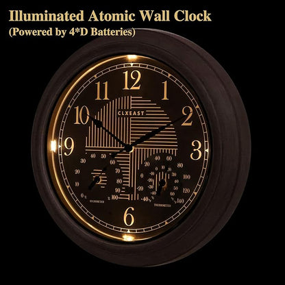 CLXEAST 18 Inch Farmhouse Illuminated Outdoor Atomic Wall Clock with Thermometer & Hygrometer Combo, Night Lighted Wall Clock with Smart Sensor, Weather Stations,Brushed Grey Oak Finish