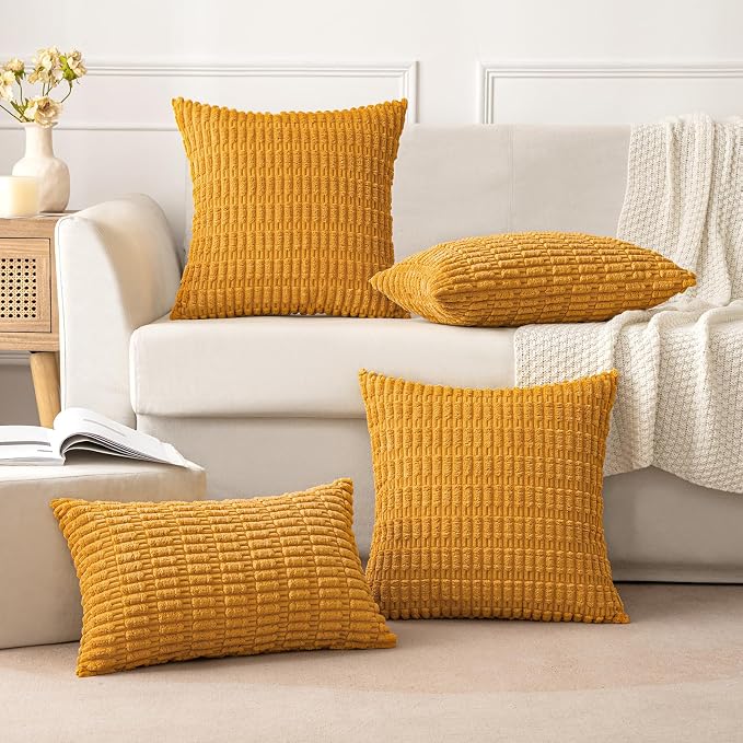 MIULEE Pack of 2 Corduroy Decorative Throw Pillow Covers 20x20 Inch Soft Boho Striped Pillow Covers Modern Farmhouse Home Decor for Summer Sofa Living Room Couch Bed Gold Yellow