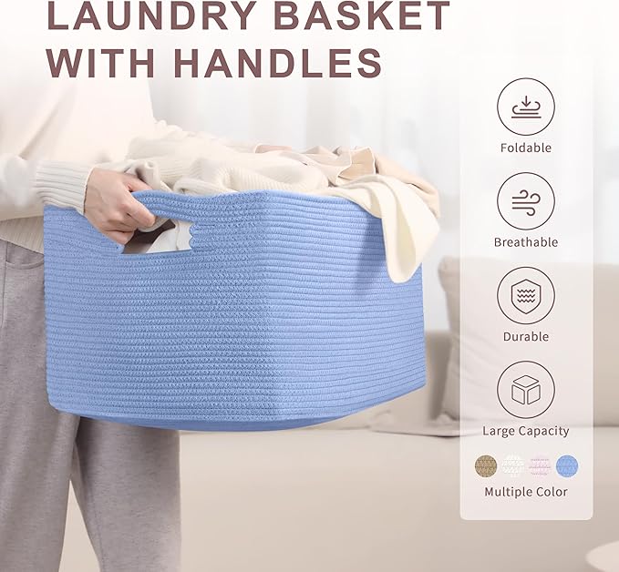 SunNewt 72L Large Baby Girls Laundry Basket for Nursery Storage,Cute Woven cotton Rope Baskets for Kids Toy，Gifts, Boho Square Wicker Blanket hamper for Living Room,Bedroom Dirty Clothes,Blue Purple