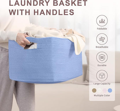 SunNewt 72L Large Baby Girls Laundry Basket for Nursery Storage,Cute Woven cotton Rope Baskets for Kids Toy，Gifts, Boho Square Wicker Blanket hamper for Living Room,Bedroom Dirty Clothes,Blue Purple