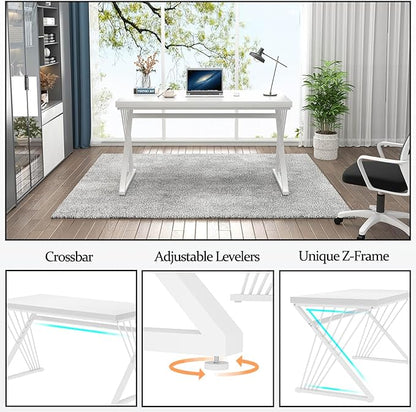 FOLUBAN White Desk, Modern Wood and Metal Computer Desk for Home Office, Simple Writing Work PC Desks for Bedroom, Industrial Study Gaming Table for Living Room, White, 47 Inch