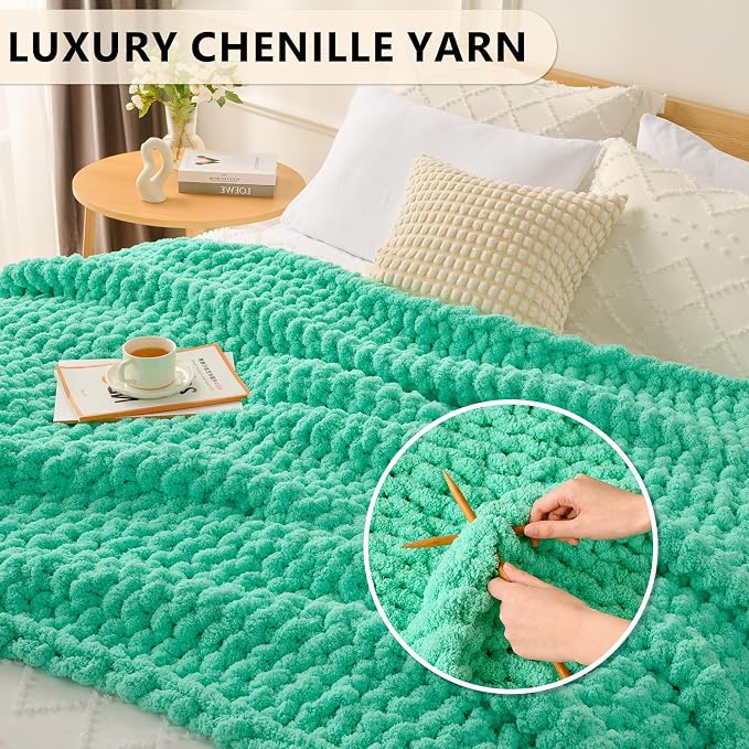 L'AGRATY Chunky Knit Blanket Throw: 60''x80'' Chenille Chunky Knitted Throw Blankets for Bed Couch - Handmade Thick Big Cable Knit Blanket - Large Crochet Rope Blankets for Home Decor(Aqua)