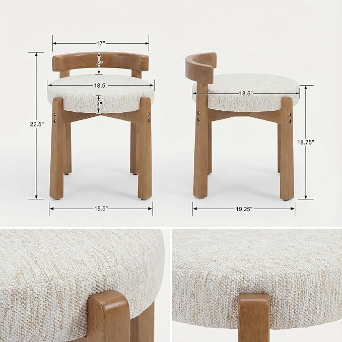 HNY Modern Chenille Vanity Stool & Ottoman Set of 2 Upholstered Round Seat with Solid Wood Legs, for Makeup Dressing, Living Room Footrest or Piano Bench, Beige