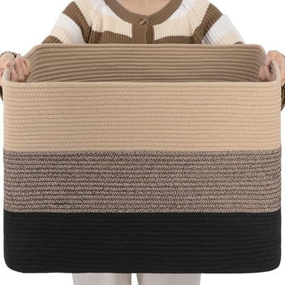 OIAHOMY 108L Large Cotton Rope Basket, Rectangle Woven Baskets for Storage, Nursery Blanket Storage Living Room, Toy Basket With Handle-25”x16”x16”-Yellow Black