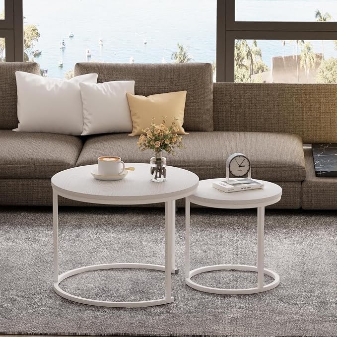Garden 4 you Nesting Coffee Table, 23.6" Round Coffee Table Set of 2, Wooden Nesting Table Set with Metal Frame, Side Tables for Living Room Bedroom Balcony, White