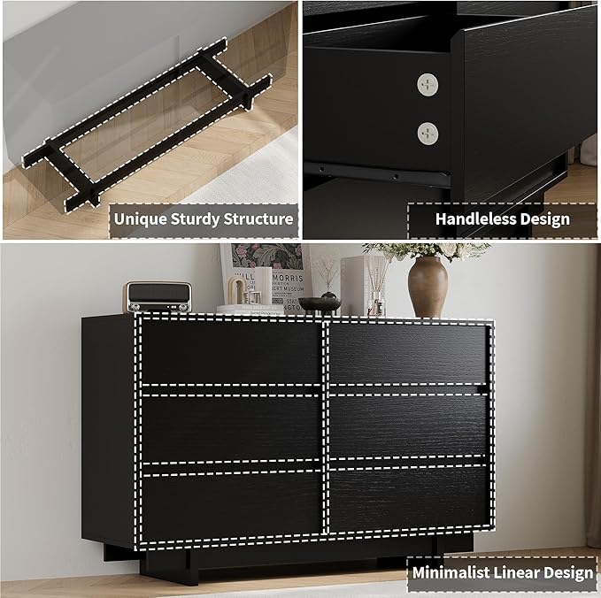 47" Wide Dresser for Bedroom with 6 Drawers,Black Modern Dressers Chest of Drawers,Wooden TV Stand,Closet Clothes Organizer for Bedroom,Hallway