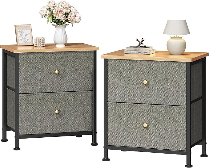 DUMOS Nightstand Small Dresser with 2 Fabric Drawers Side Tables Bedroom End Table Kids Bedside Storage Furniture for 20 inch Tall Night Stand for Closet, Entryway, College Dorm, Ink Green 2Pack