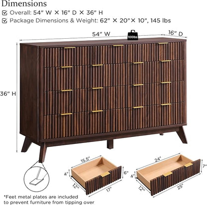 T4TREAM Fluted 9 Drawers Dresser, 54" Wide Modern Chest of Drawers, Curved Profile Design, Dresser TV Stand, Wood Drawer Organizer for Bedroom, Living Room, Hallway, Dark Walnut
